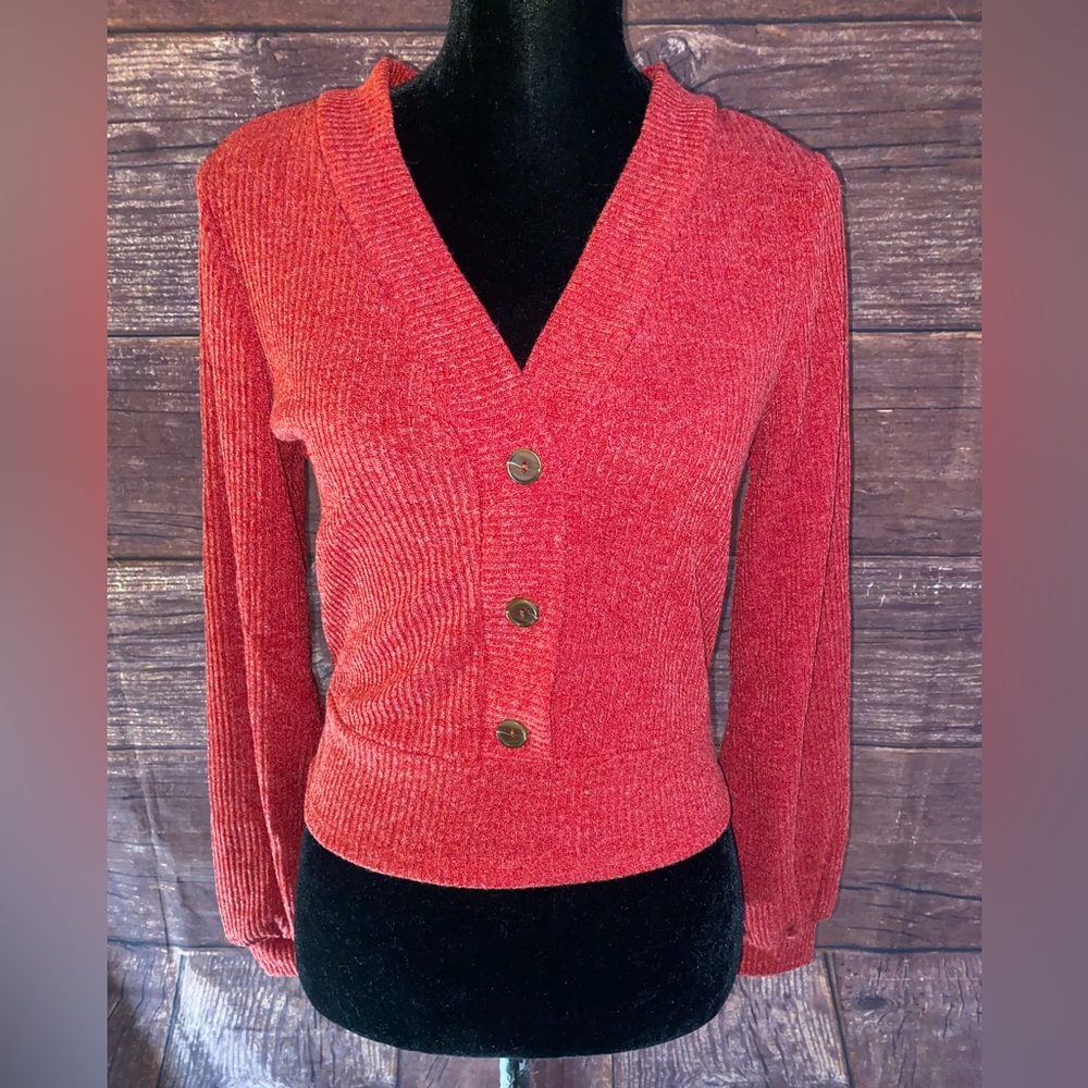 Red Robin V-Neck Long Sleeve Rib Crop Shirt